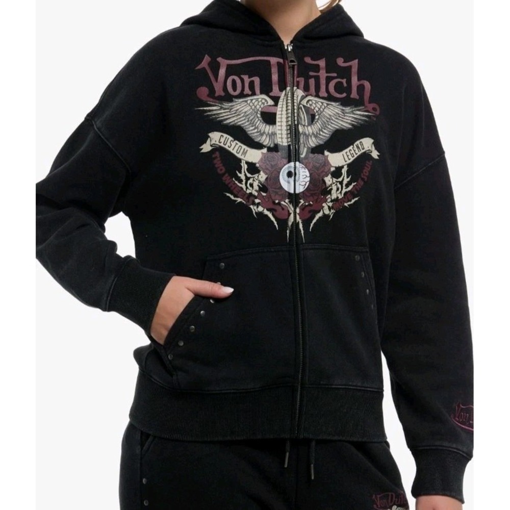 NEW Von Dutch Red Roses Eye Wings Studs Womens XL‎ Zip Up Hoodie